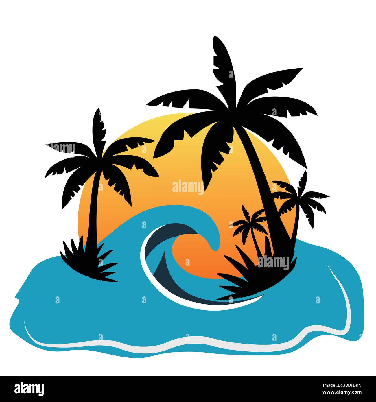 Tropical Island with Palm Trees and Wave – T-Shirt Vector Illustration Design Illustrazione Vettoriale
