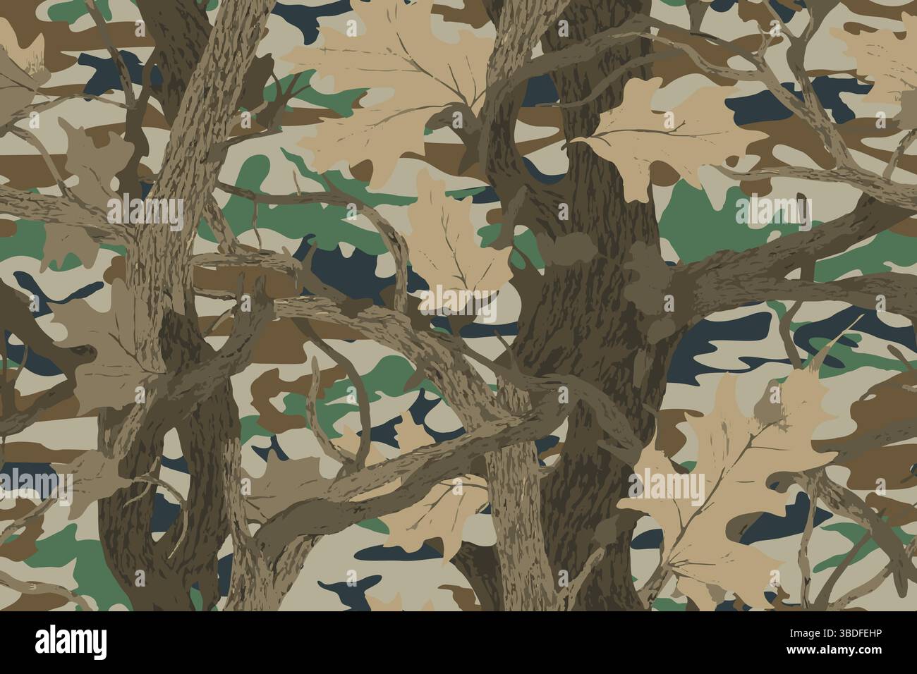 Realistico mimetismo nella foresta. Motivo senza cuciture. Conifere e rami e foglie di quercia. Utilizzabile per la caccia e per scopi militari. Illustrazione Vettoriale