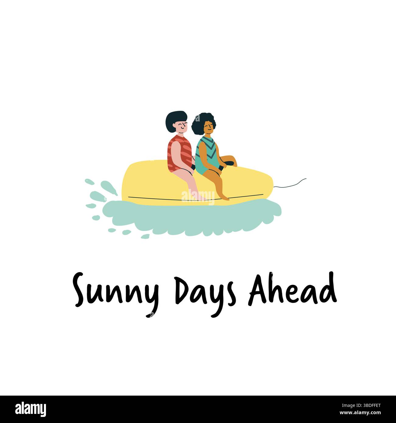 Ragazzi caucasici e africani che si godono un giro in banana boat. Illustrazione Vettoriale