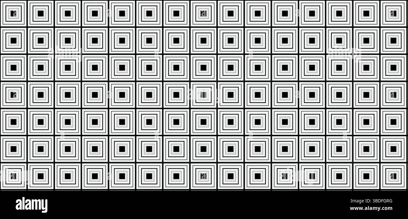 Motivo quadrato geometrico bianco e nero senza cuciture, sfondo a griglia a illusione ottica moderna astratta, design monocromatico minimalista: Quadrato ripetuto. Illustrazione Vettoriale