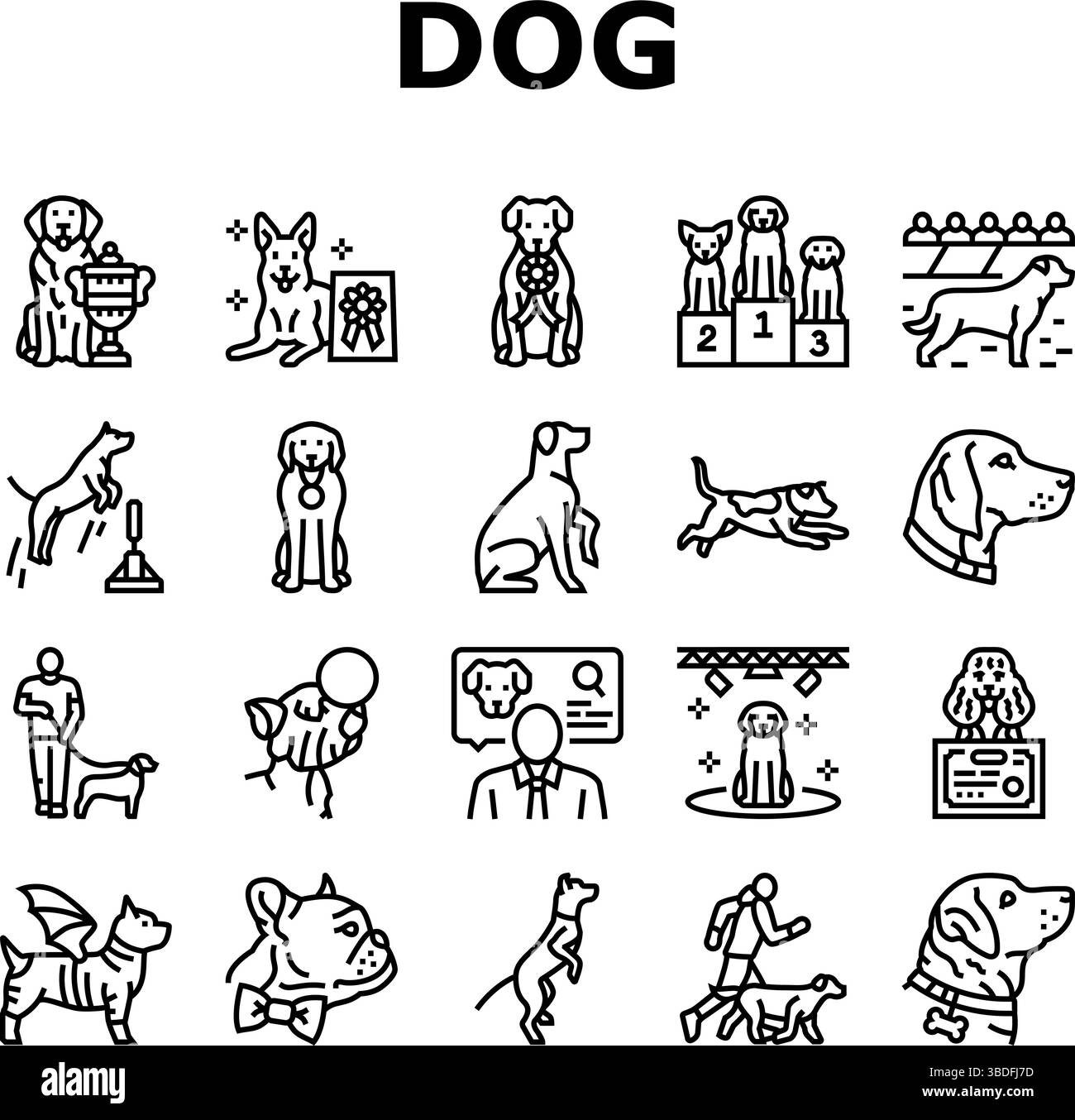 concorso per cani mostra icone di razza set vettoriale Illustrazione Vettoriale