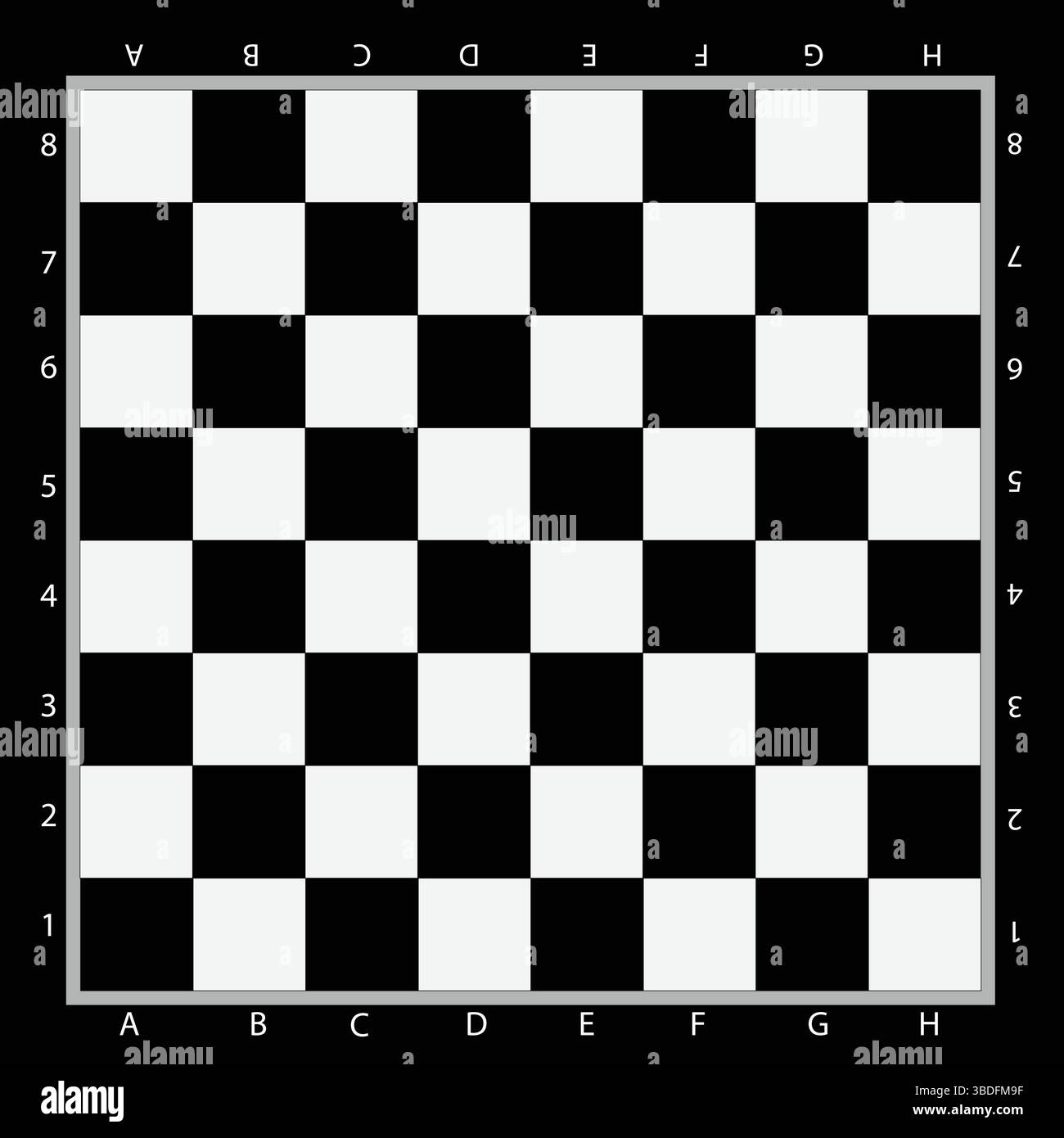Sfondo classico a scacchiera bianco e nero - gioco strategico, scacchiera vuota con coordinate numeriche e alfabetiche, geometrica astratta. Illustrazione Vettoriale