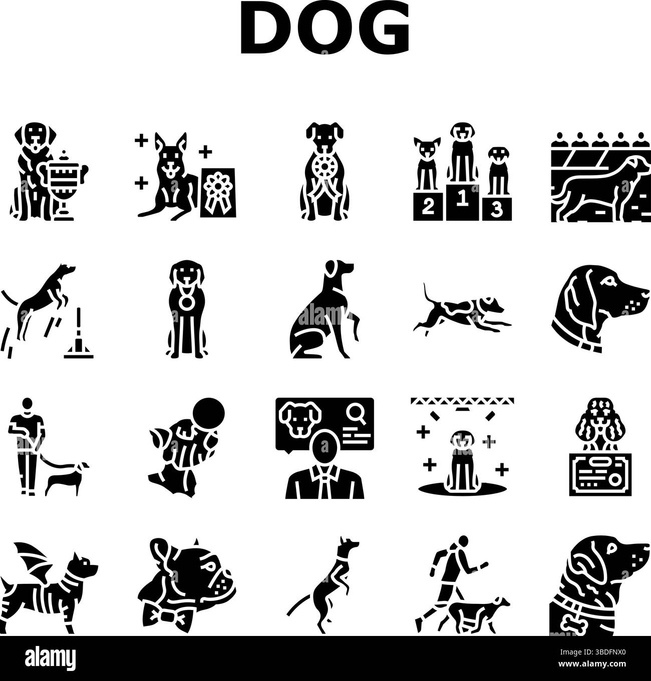 concorso per cani mostra icone di razza set vettoriale Illustrazione Vettoriale