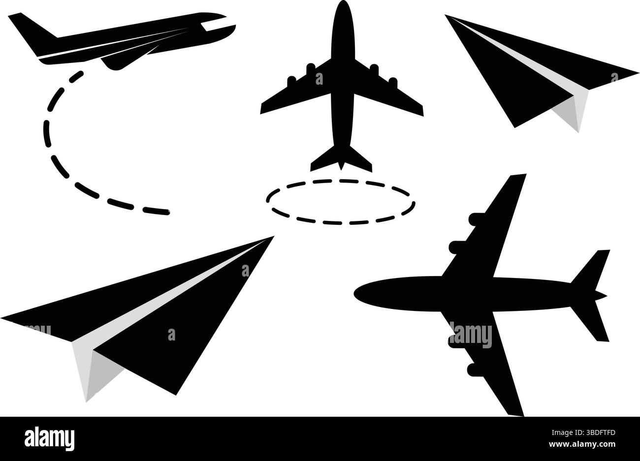 Icone di rotta e viaggio dell'aereo Set vettoriale piatto e contorno per temi aeronautici Illustrazione Vettoriale