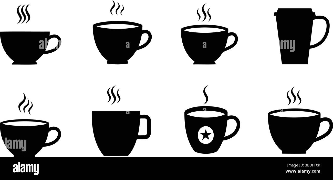 Set di icone vettoriali per tazze da caffè. Collezione simbolo tazze di tè e caffè. Illustrazione vettoriale Illustrazione Vettoriale