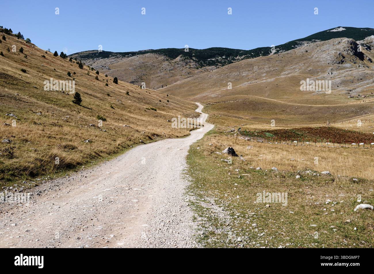 Una lunga e tortuosa strada che attraversa una valle rurale in autunno, Lukomir, il monte Bjelasnica, la Bosnia ed Erzegovina Foto Stock