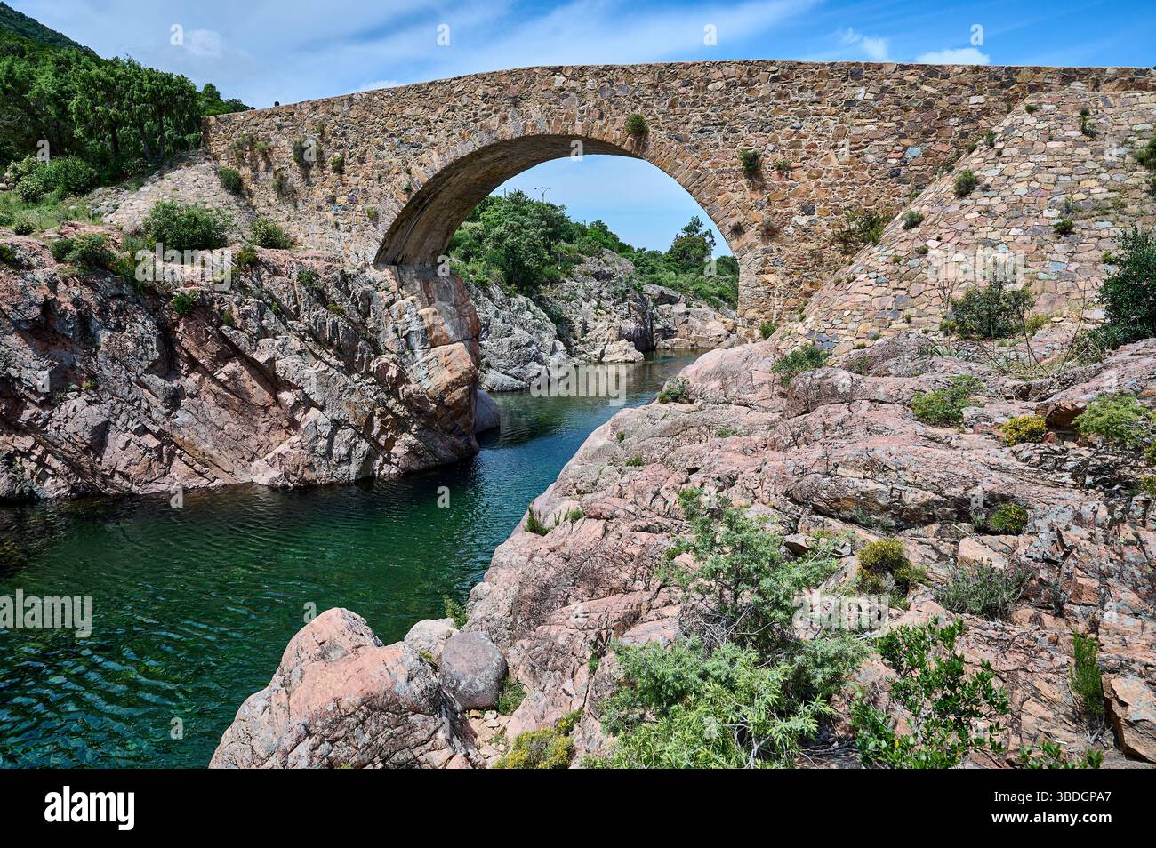 Ponte Vecchio in pietra sul fiume fango in Corsica Foto Stock