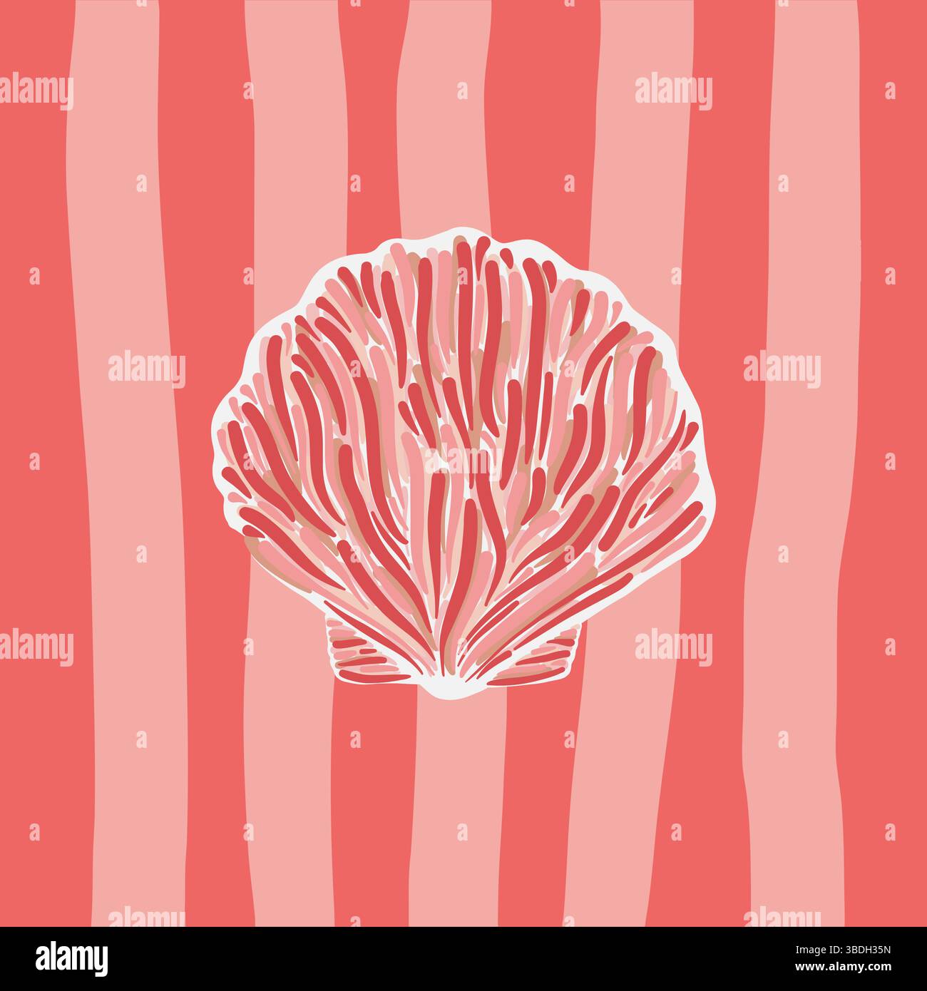 Illustrazione astratta di una conchiglia rosa su un design in corallo a righe, che crea un'estetica moderna di ispirazione marina Illustrazione Vettoriale