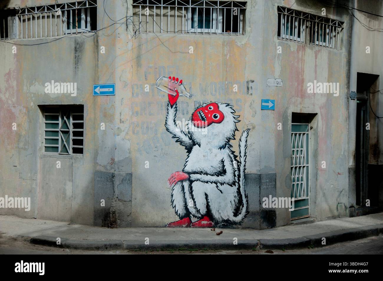 Opera murale di una simpatica scimmia su un muro di una strada a l'Avana, Cuba. Foto Stock Opera murale di una simpatica scimmia su un muro di una strada a l'Avana, Cuba. Foto Stock