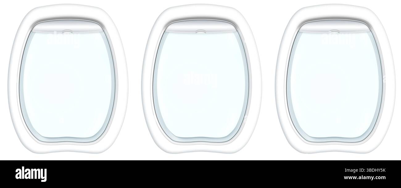 Tre finestre di oblò piane su sfondo bianco con spazio di copia. illustrazione 3d. Foto Stock