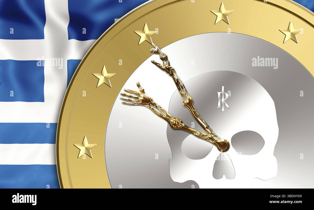 Bandiera greca e una moneta in euro con le braccia scheletriche come lancette dell'orologio all'interno. Concetto finanziario per l'uscita dalla valuta dell'euro, l'addebito, il fallimento e il risparmio di tempo r Foto Stock