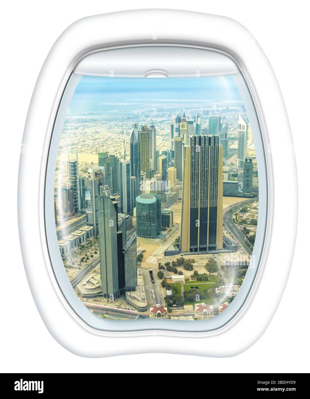 Finestra di piano di volo panoramico sui grattacieli di Dubai skyline del centro su Sheikh Zayed Road, Emirati Arabi Uniti, a partire da un piano attraverso l'oblò. Cop Foto Stock