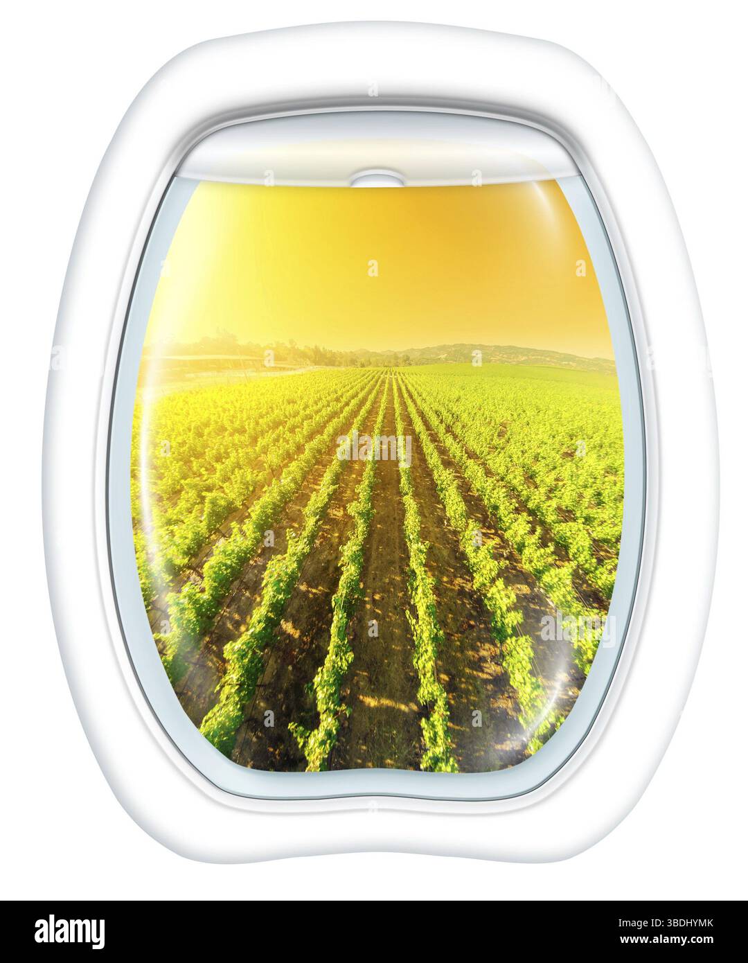 Finestra aerea sulla Napa Valley al tramonto, California, Stati Uniti, da un aereo attraverso l'oblò. Copia spazio, Nord America Foto Stock