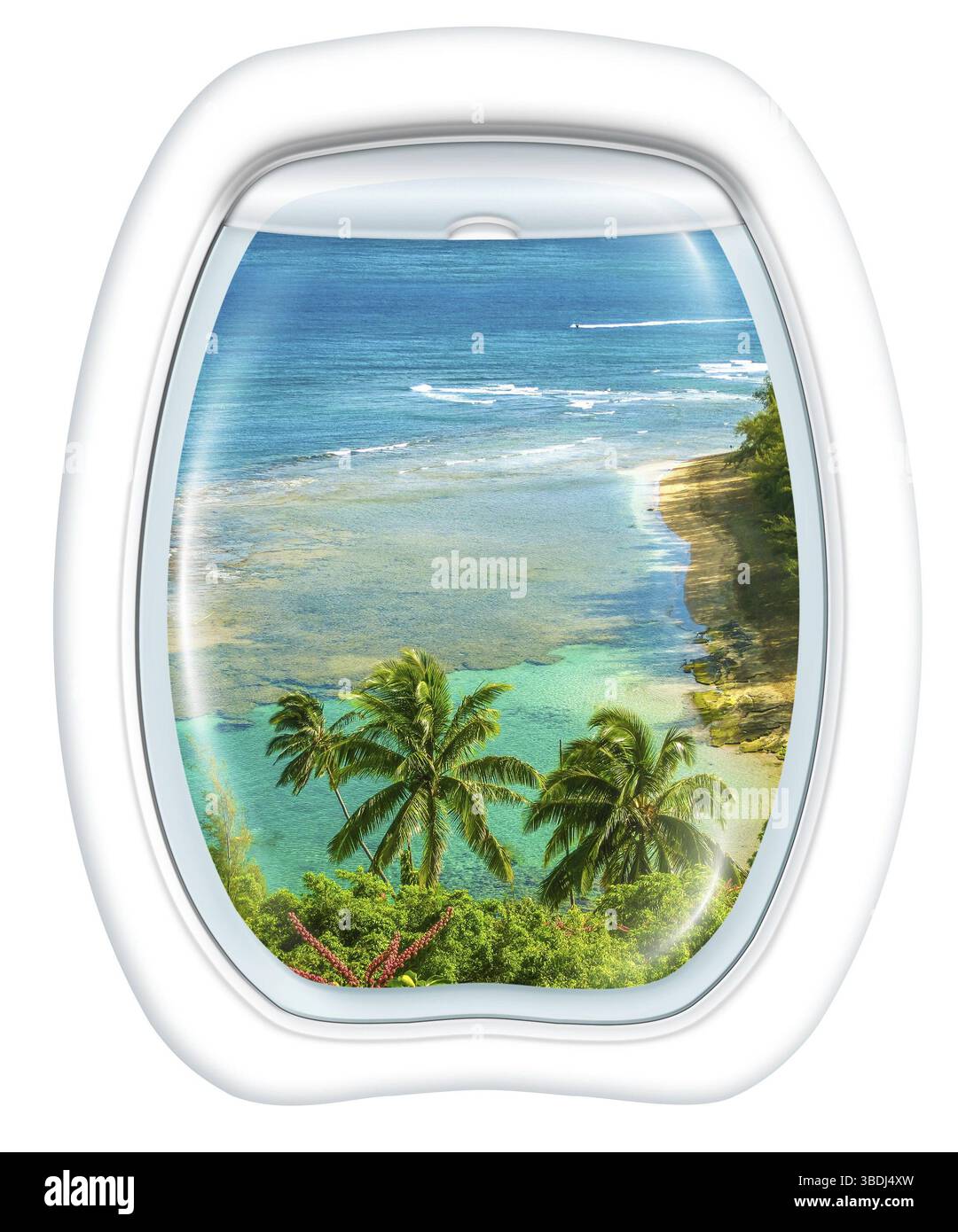 Finestra aerea su Kee Beach, Kauai, Hawaii, Stati Uniti, da un aereo attraverso l'oblò. Copia spazio, Nord America Foto Stock