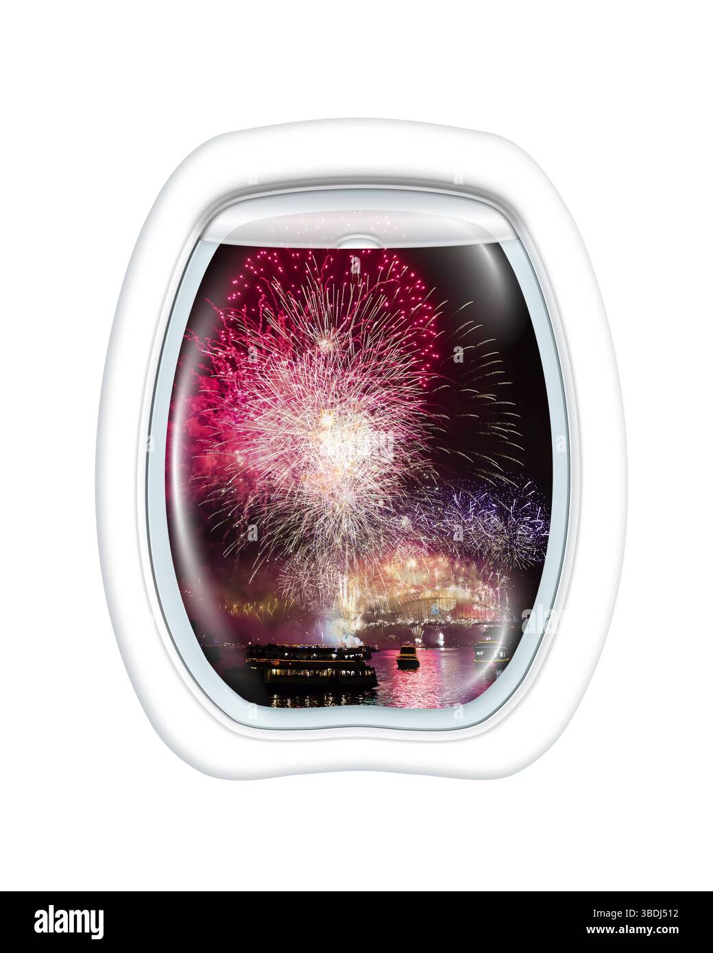 Vista aerea di fuochi d'artificio di Harbour Bridge nella baia di Sydney a mezzanotte per la vigilia di capodanno, a bordo di un aereo attraverso l'oblò finestra. Copia spac Foto Stock