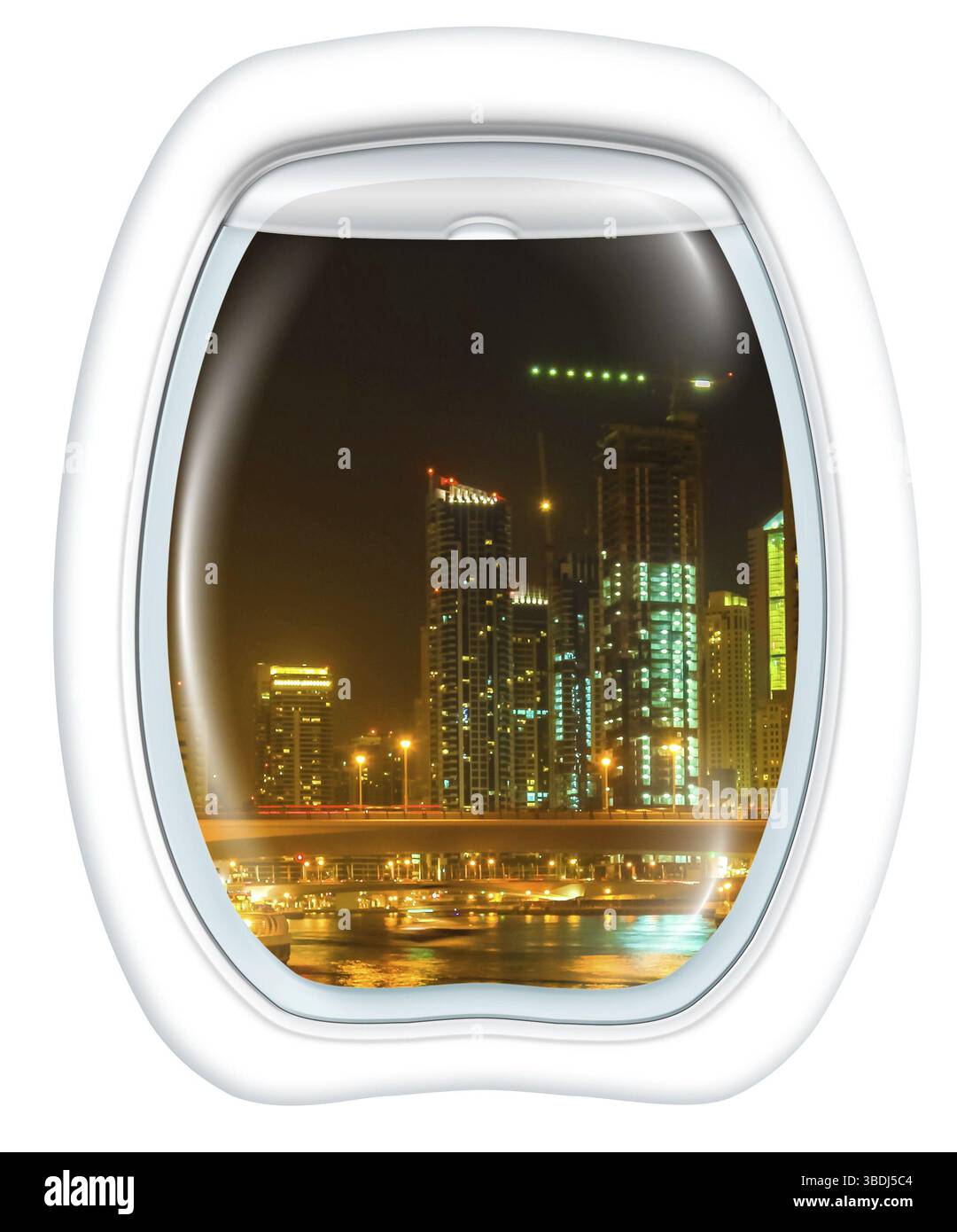 Finestra dell'aereo sulla Marina di Dubai di notte, negli Emirati Arabi Uniti, da un aereo attraverso la finestra dell'oblò. Copia spazio, Asia Foto Stock