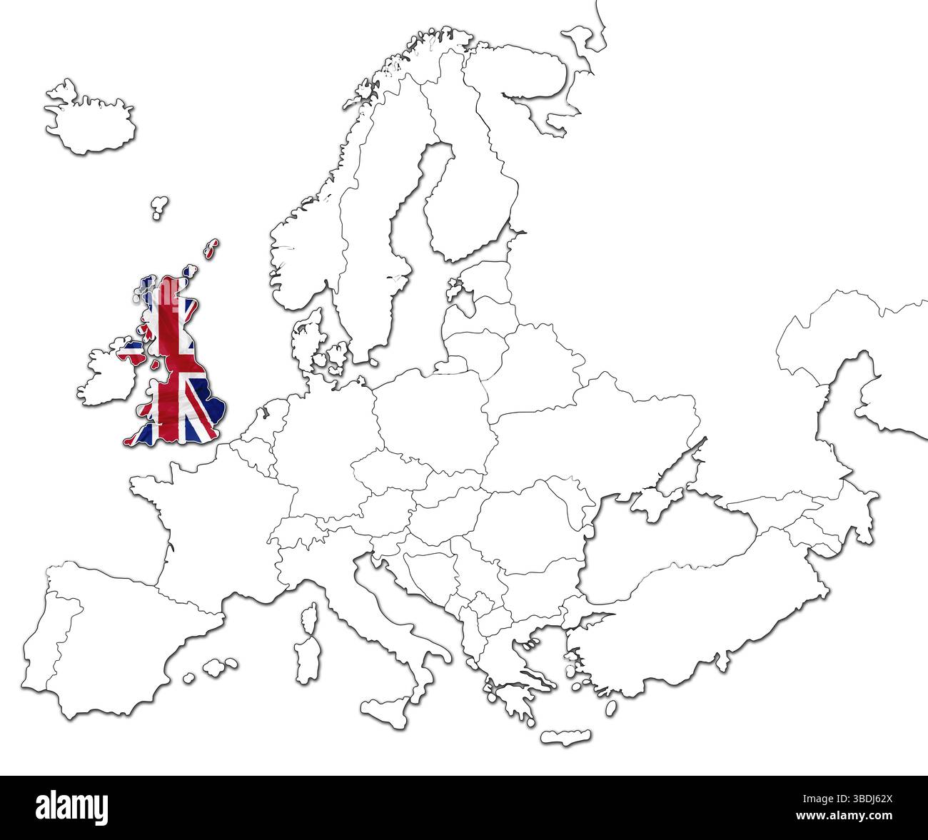 La bandiera nazionale del Regno Unito nella mappa dell'Europa isolata su sfondo bianco Foto Stock