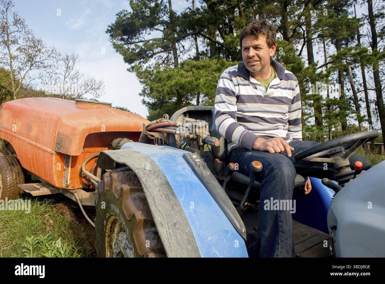 Ritratto di un contadino seduto sul suo trattore che usa per spruzzare le mele e le pere in primavera Foto Stock