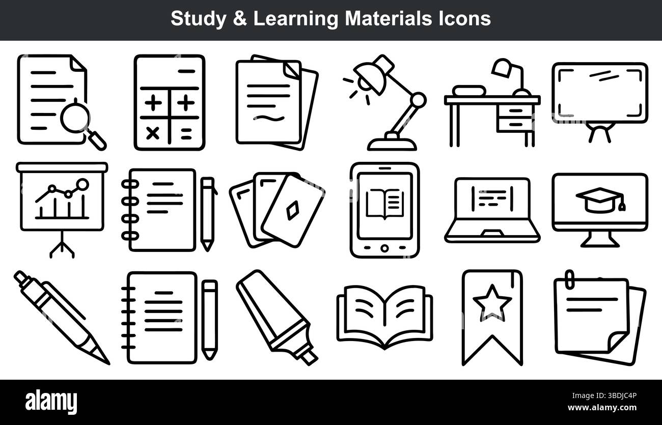 Studiare le icone dei materiali di apprendimento impostare l'illustrazione vettoriale Illustrazione Vettoriale