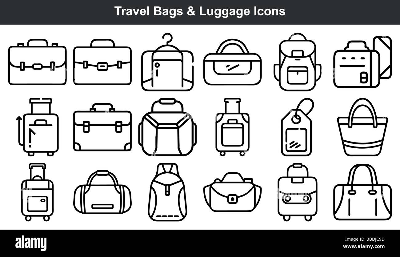 Set di icone per borse da viaggio valigie zaini Illustrazione Vettoriale