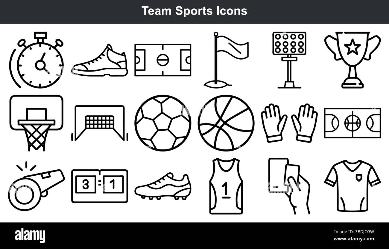 Le icone degli sport di squadra definiscono la grafica della linea Illustrazione Vettoriale