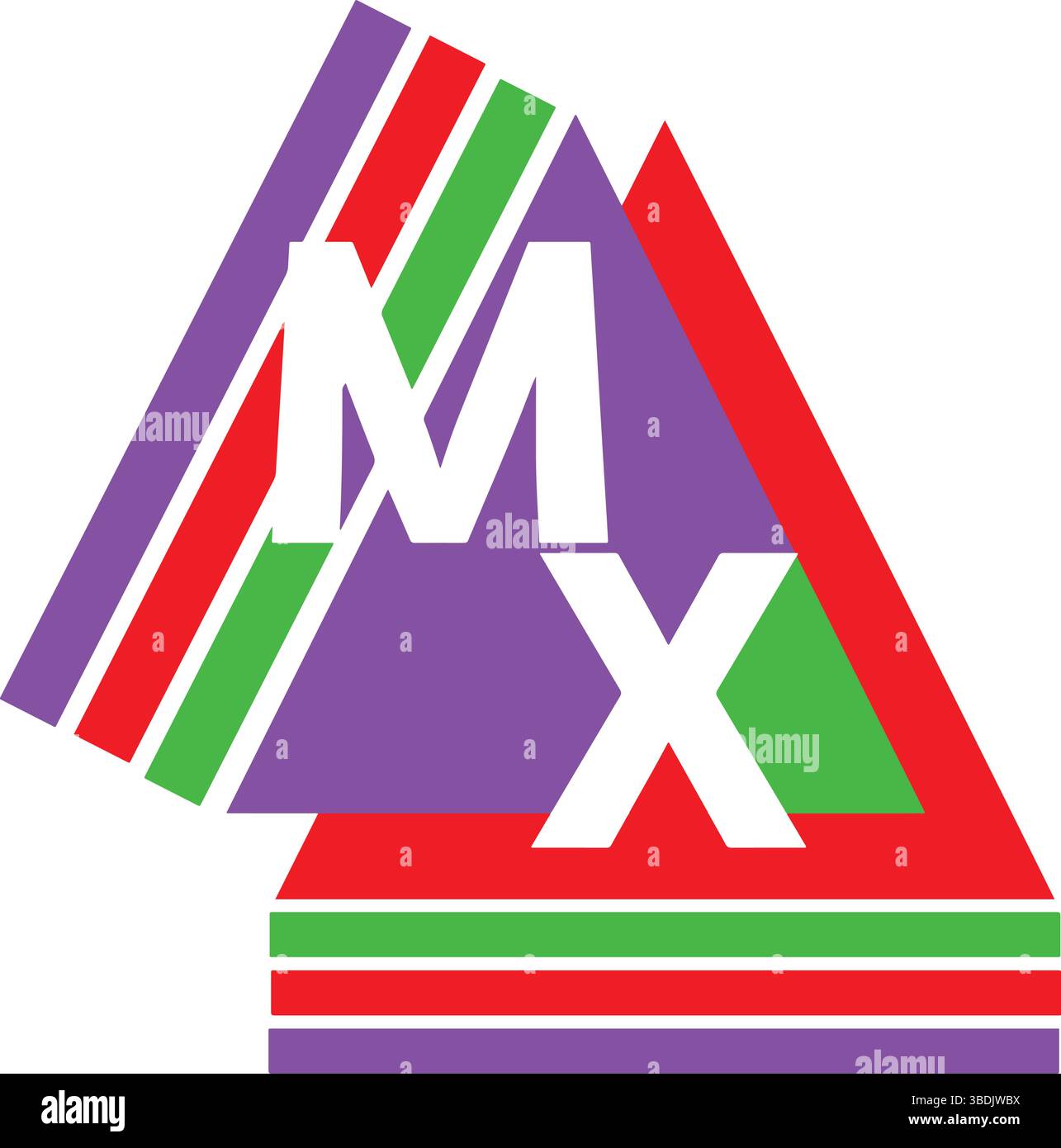 MX Letters Vector, Logo triangolare a righe viola, rosso e verde, moderna illustrazione geometrica astratta Illustrazione Vettoriale