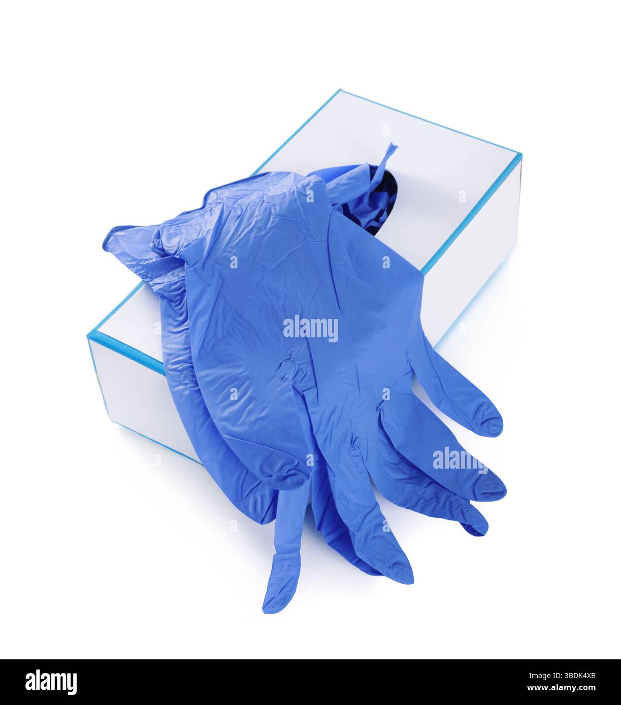 Guanti medici blu e scatola isolata su bianco Foto Stock