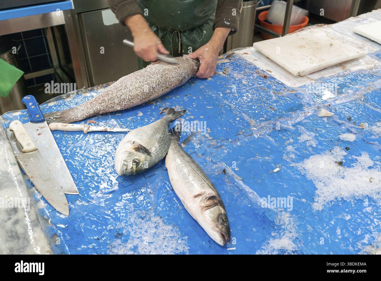 pescatore che prende la bilancia dal pesce fresco nel Livramento Mercato a Setubal in Portogallo Foto Stock