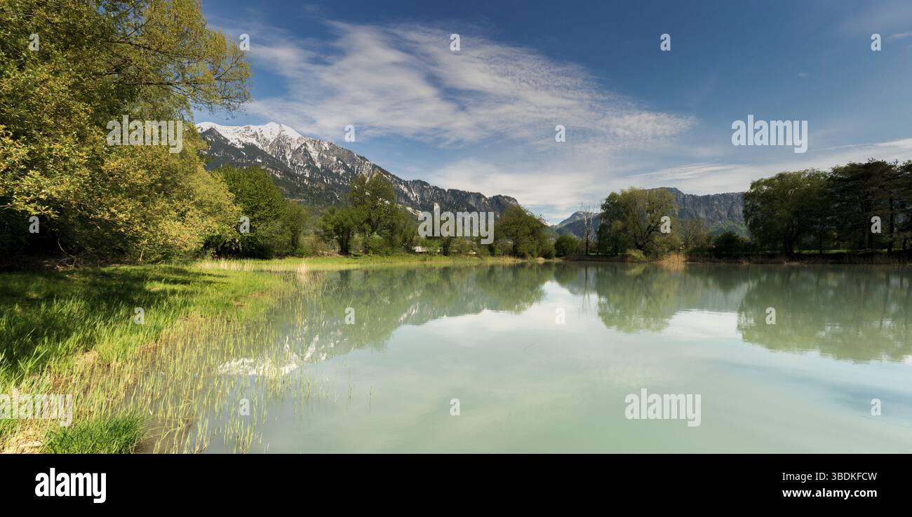 Paesaggio primaverile con montagne innevate e laghetto nella foresta verde delle Alpi svizzere vicino a Maienfeld Foto Stock