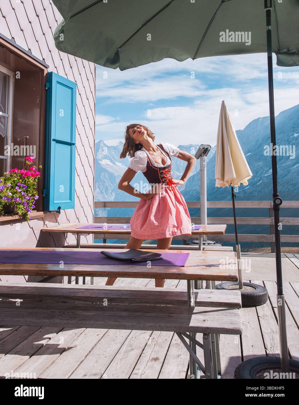 Bella giovane donna che indossa abiti tradizionali bavaresi - Didndl o tracht in piedi tra i tavoli e posa felice e sorride alla macchina fotografica Foto Stock