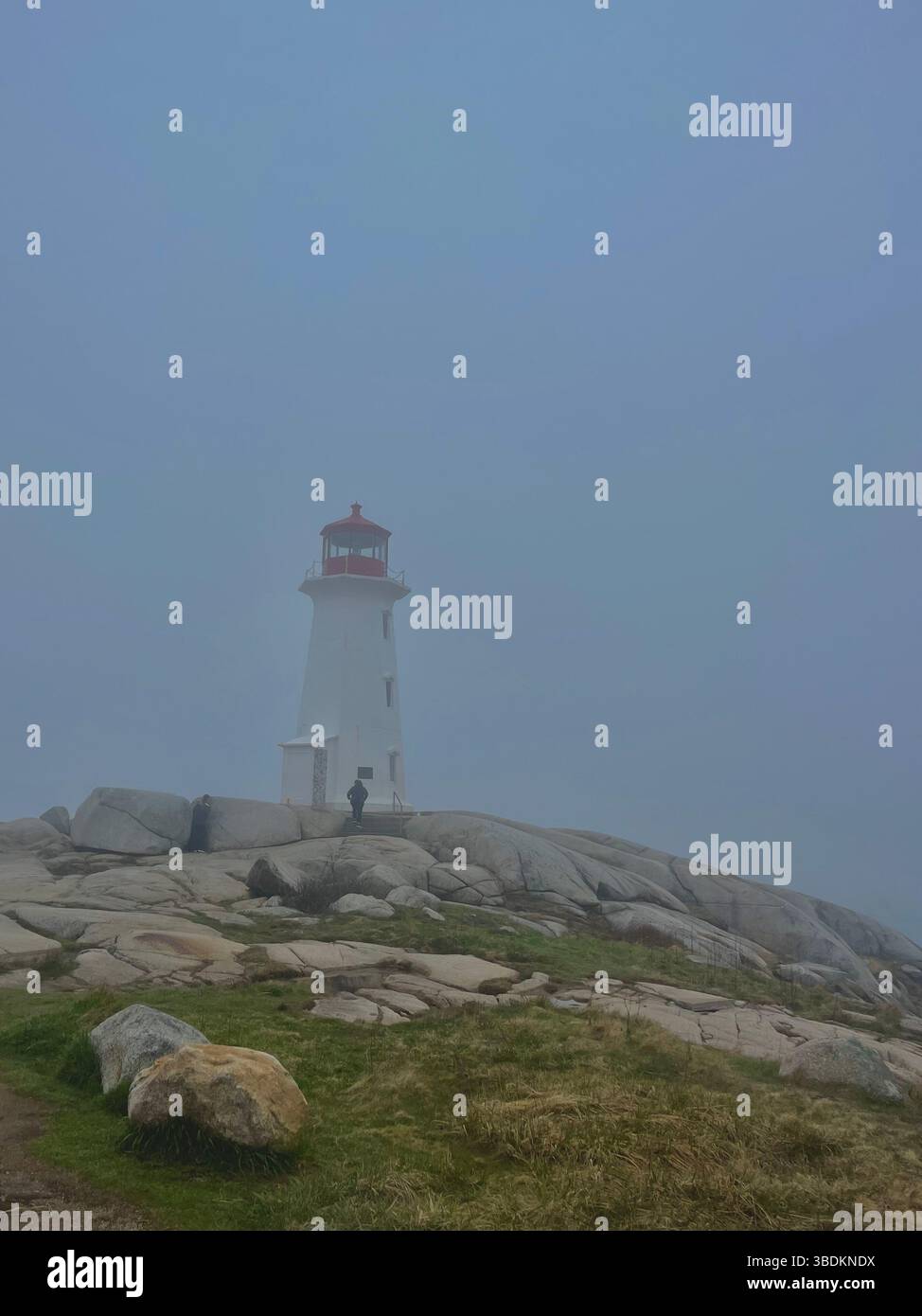 Vista mattutina di Foggy del faro di Peggy's Cove, un famoso monumento canadese in nuova Scozia, circondato dalla costa rocciosa e dalla nebbiosa aria dell'Atlantico. - Immagine stock catturata con smartphone