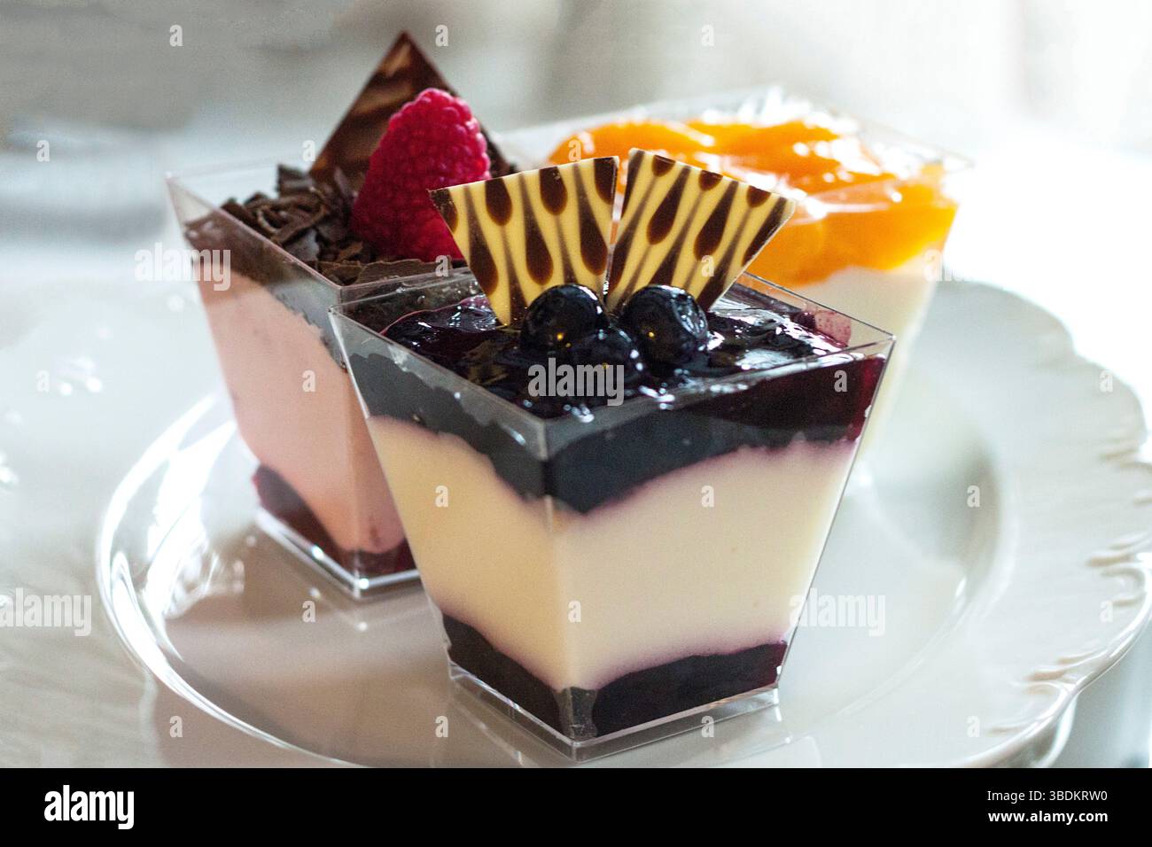 Primo piano del piatto con tre gustose cremose ricotta dessert con diverse deliziose marmellate di frutta e decorazioni al cioccolato. Esempio di pasticceria, catering Foto Stock