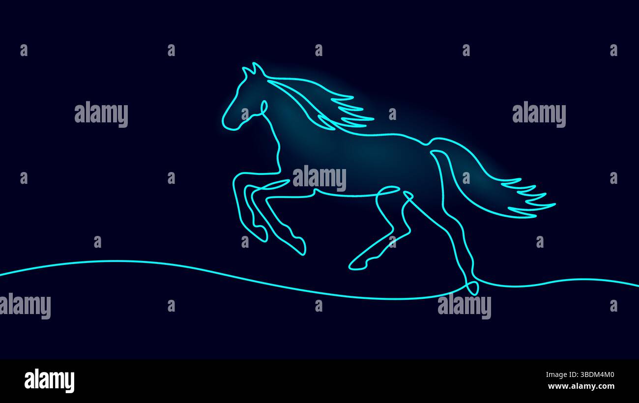 Il cavallo nero salta con grazia. Coda e gambe di crine rifinite con una linea continua liscia. Stile grafico semplice con sfondo vettoriale blu semplice Illustrazione Vettoriale
