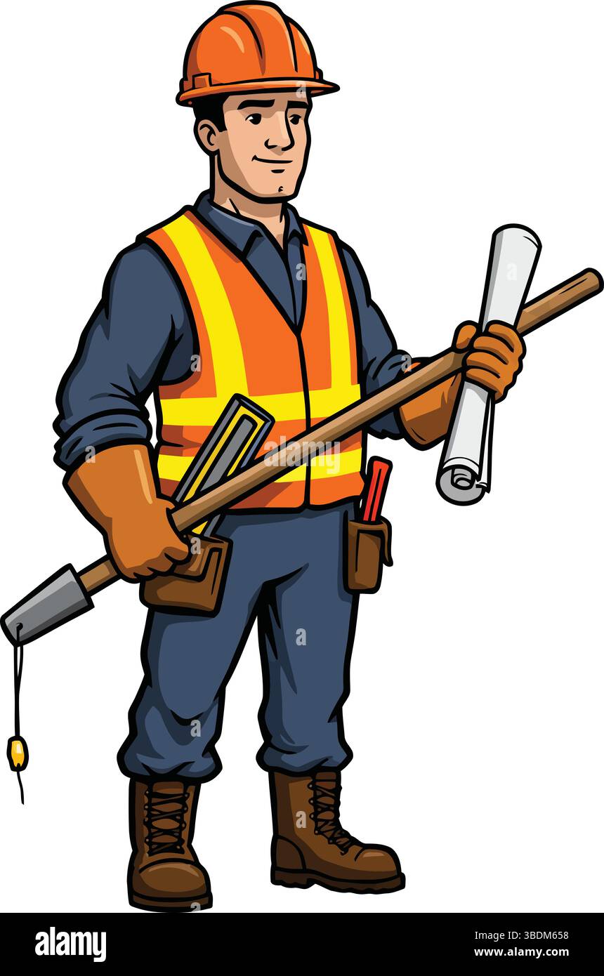 Operaio edile che tiene in mano attrezzi pesanti con attrezzatura di sicurezza Illustrazione Vettoriale