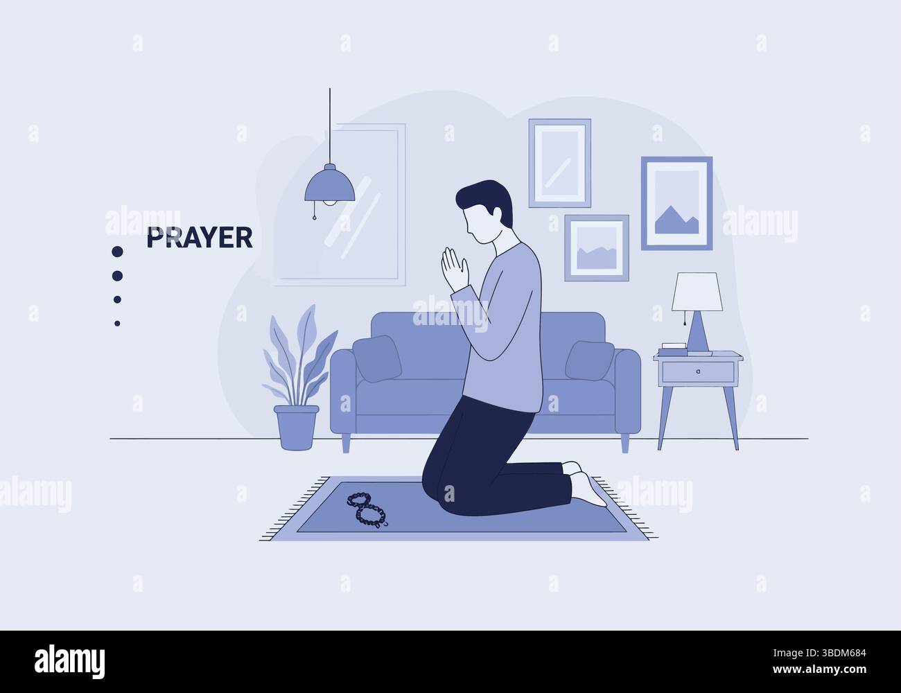 Uomo in preghiera con libro su tavola di legno Illustrazione Vettoriale