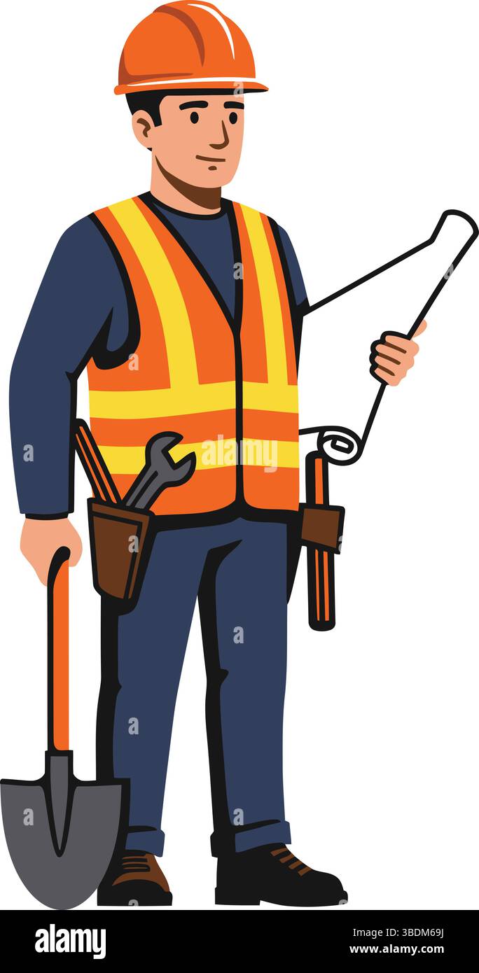 Operaio edile che tiene in mano attrezzi pesanti con attrezzatura di sicurezza Illustrazione Vettoriale