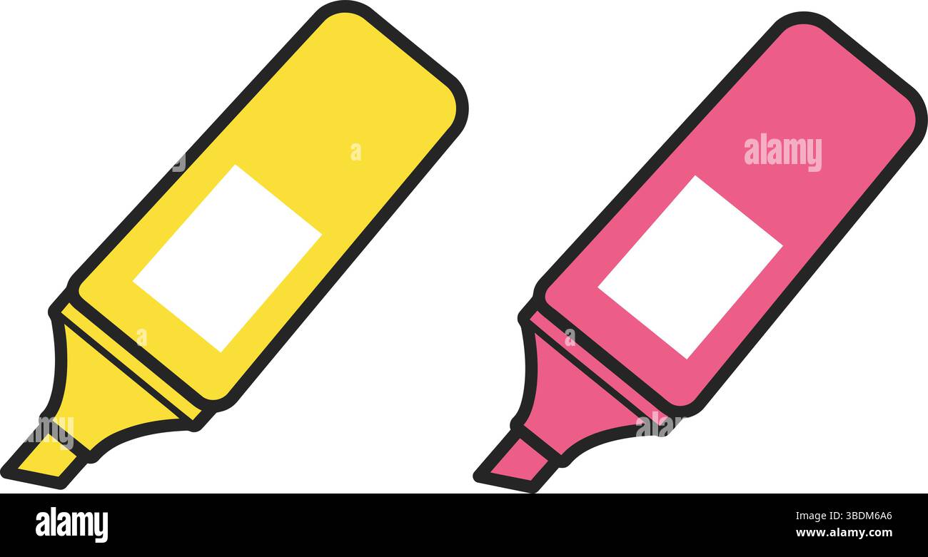 Penne evidenziatore giallo e rosa su sfondo bianco Illustrazione Vettoriale