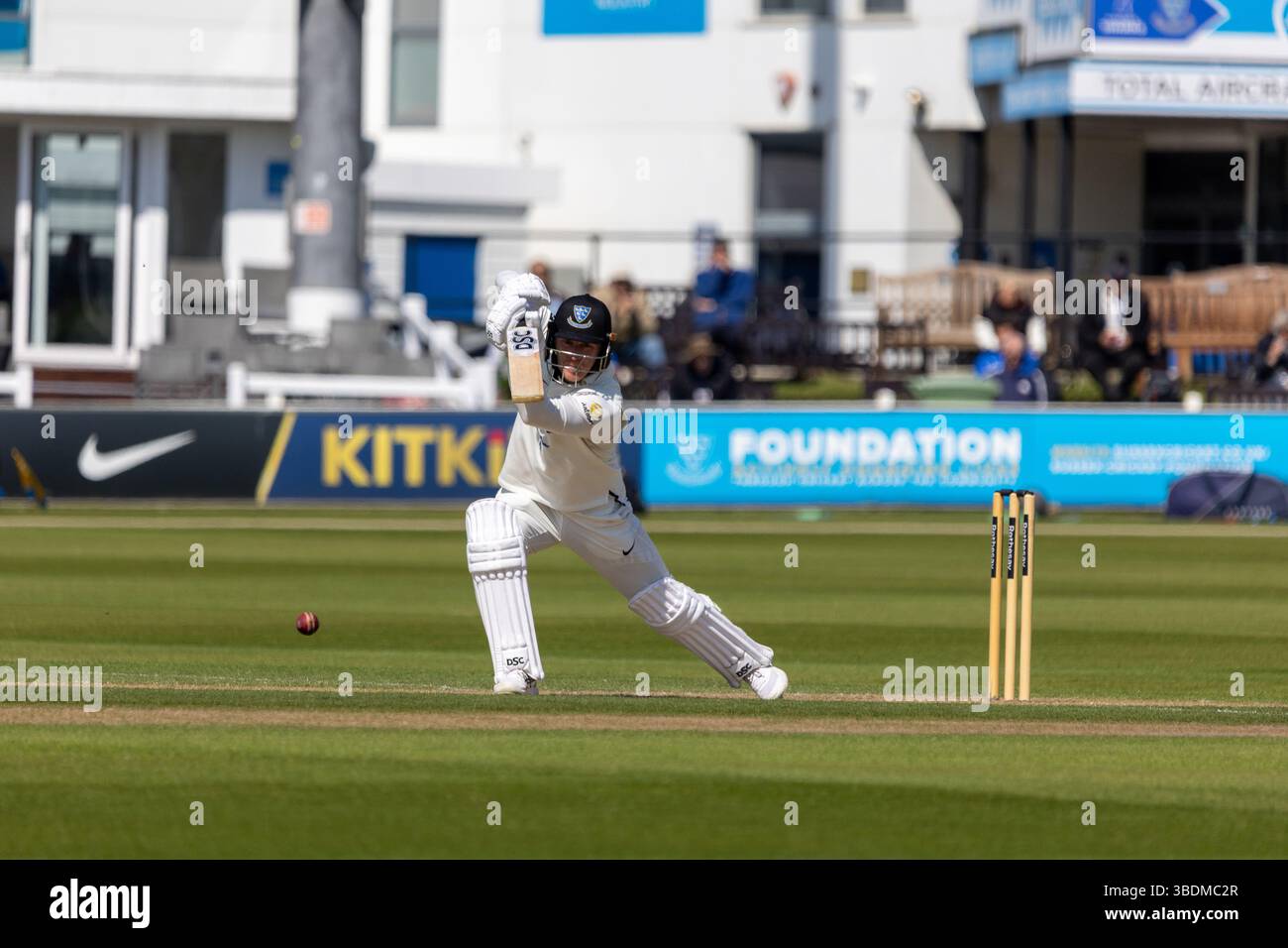 19 aprile 2025 - Tom Alsop batte per il Sussex nella seconda giornata del Rothesay County Championship Div 1. Sussex contro Surrey. Credito: Saud Ahmed Foto Stock
