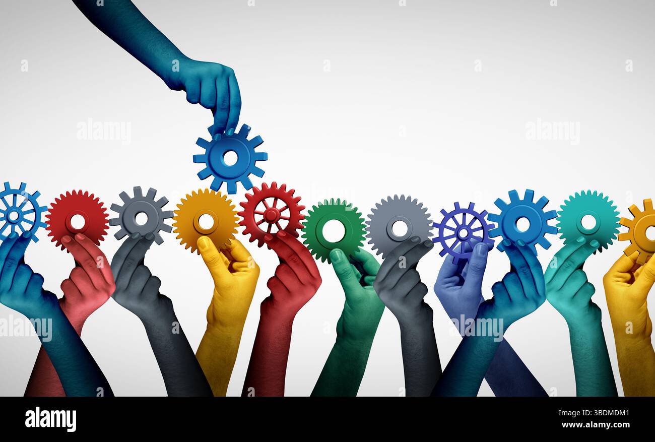 Supporto per le linee guida aziendali e concetto di formazione del team per collegare l'unità o l'idea del lavoro di squadra come metafora del successo per entrare a far parte di un team man mano che le persone diverse confluiscono Foto Stock