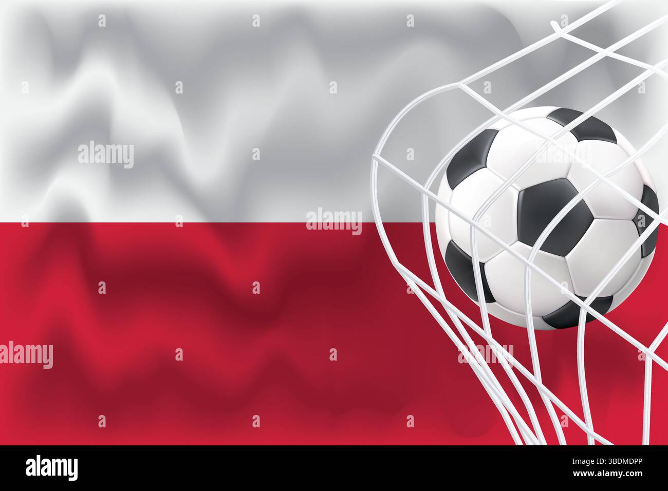 Bandiera polacca 3D modificabile con calcio e rete. Perfetto per post sportivi, promozioni per il giorno delle partite, grafica della Coppa del mondo. Ideale per banner e annunci. Illustrazione Vettoriale