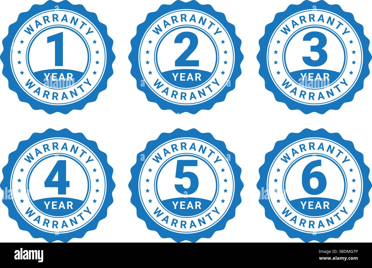 Set di sei badge di garanzia circolari blu da 1 a 6 anni con testo in grassetto, utilizzati per la garanzia del prodotto e per le garanzie di assistenza Illustrazione Vettoriale