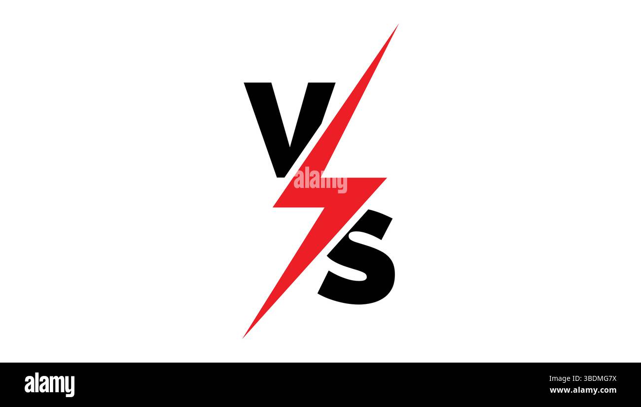 Icona VS versus con fulmine rosso e lettere nere in grassetto su sfondo bianco, utilizzata per i concetti di confronto o battaglia Illustrazione Vettoriale