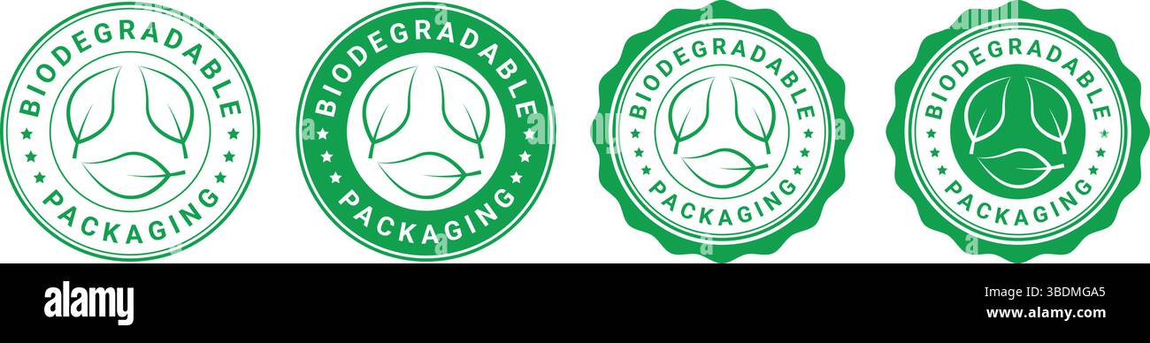 Quattro badge di imballaggio biodegradabili verdi con icona a foglia ecologica e design ecologico circolare Illustrazione Vettoriale