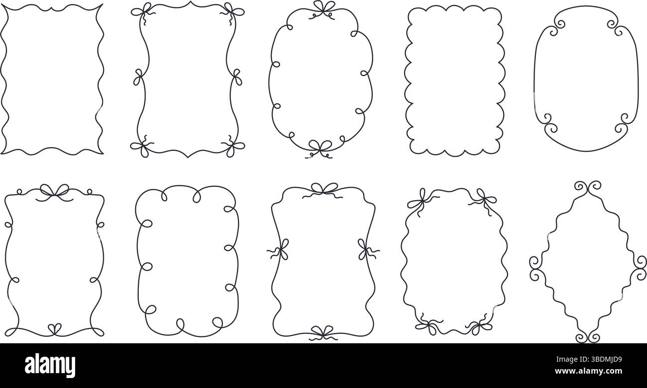 Riquadri a linee ricurve disegnati a mano. Cornice a doodle con archi, sagome dei bordi e cornici decorative per schizzi con bordi ondulati, vortici e smerlati Illustrazione Vettoriale