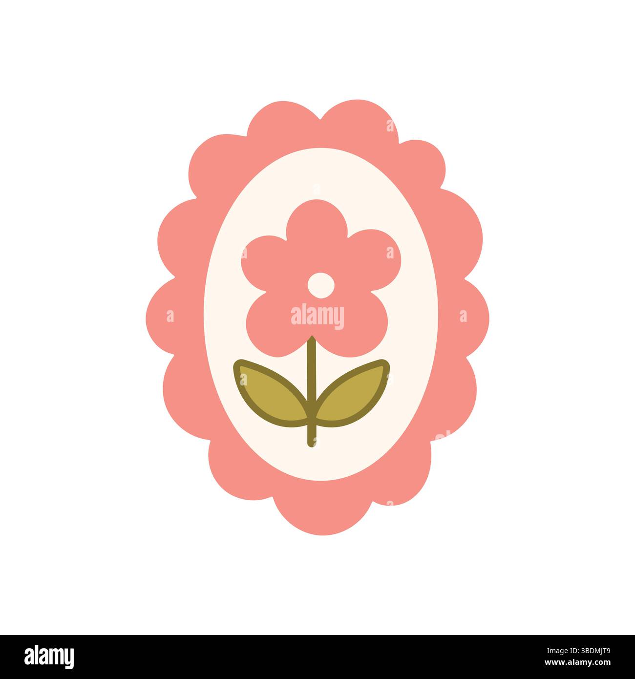 Grazioso fiore disegnato a mano centrato da un distintivo rosa smerlato. Vibrazione vintage perfetta per etichette, stampe per vivai e adesivi. Illustrazione Vettoriale