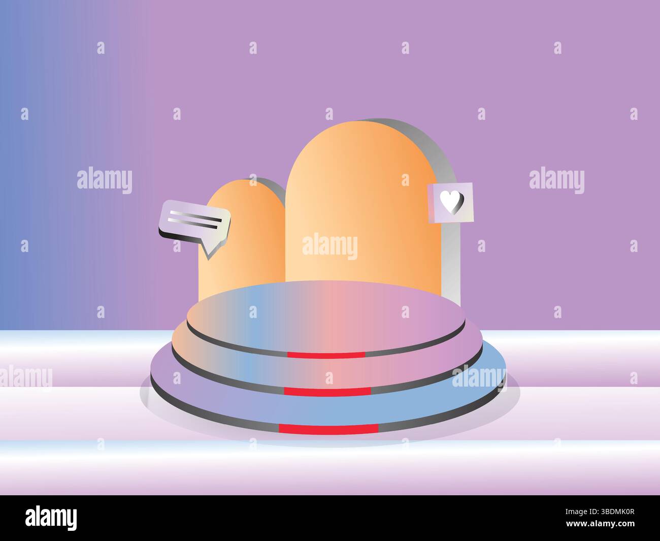 D scena podio con doppie forme astratte e icone di interfaccia fluttuanti Illustrazione Vettoriale