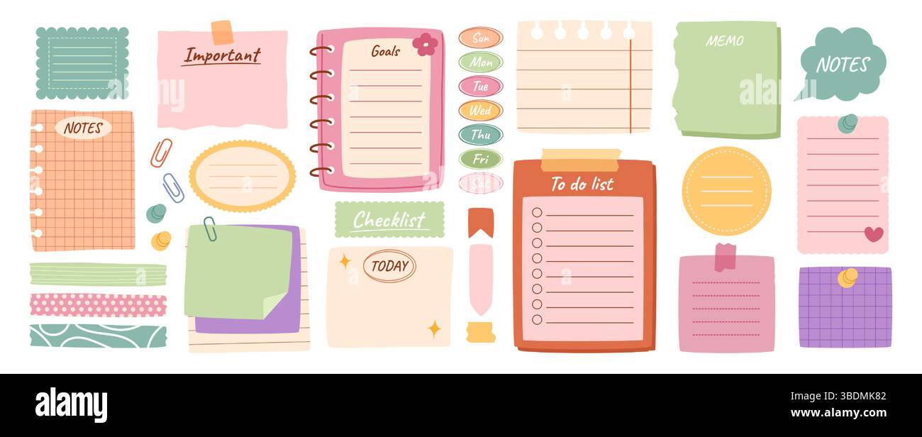 Elementi di pianificazione quotidiana. Fogli di blocco note, cartellino in carta con giorno della settimana, nastri washi e adesivi per appunti, elenco delle cose da fare. Organizzatore personale, informazioni e. Illustrazione Vettoriale