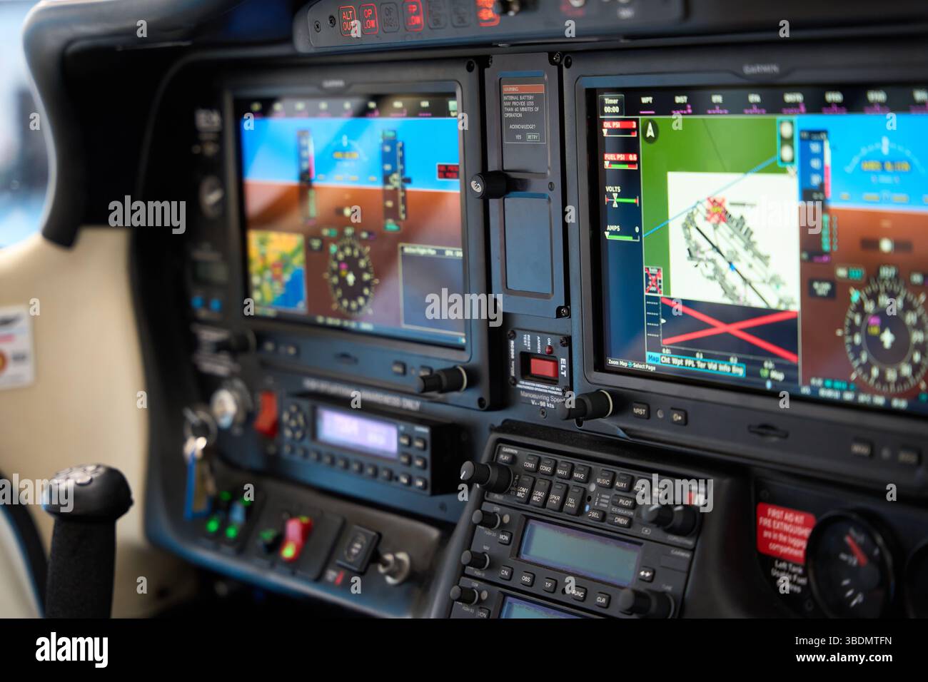 Moderno pannello di controllo della cabina di pilotaggio dell'aeromobile con sistema di navigazione che visualizza la rotta di volo Foto Stock