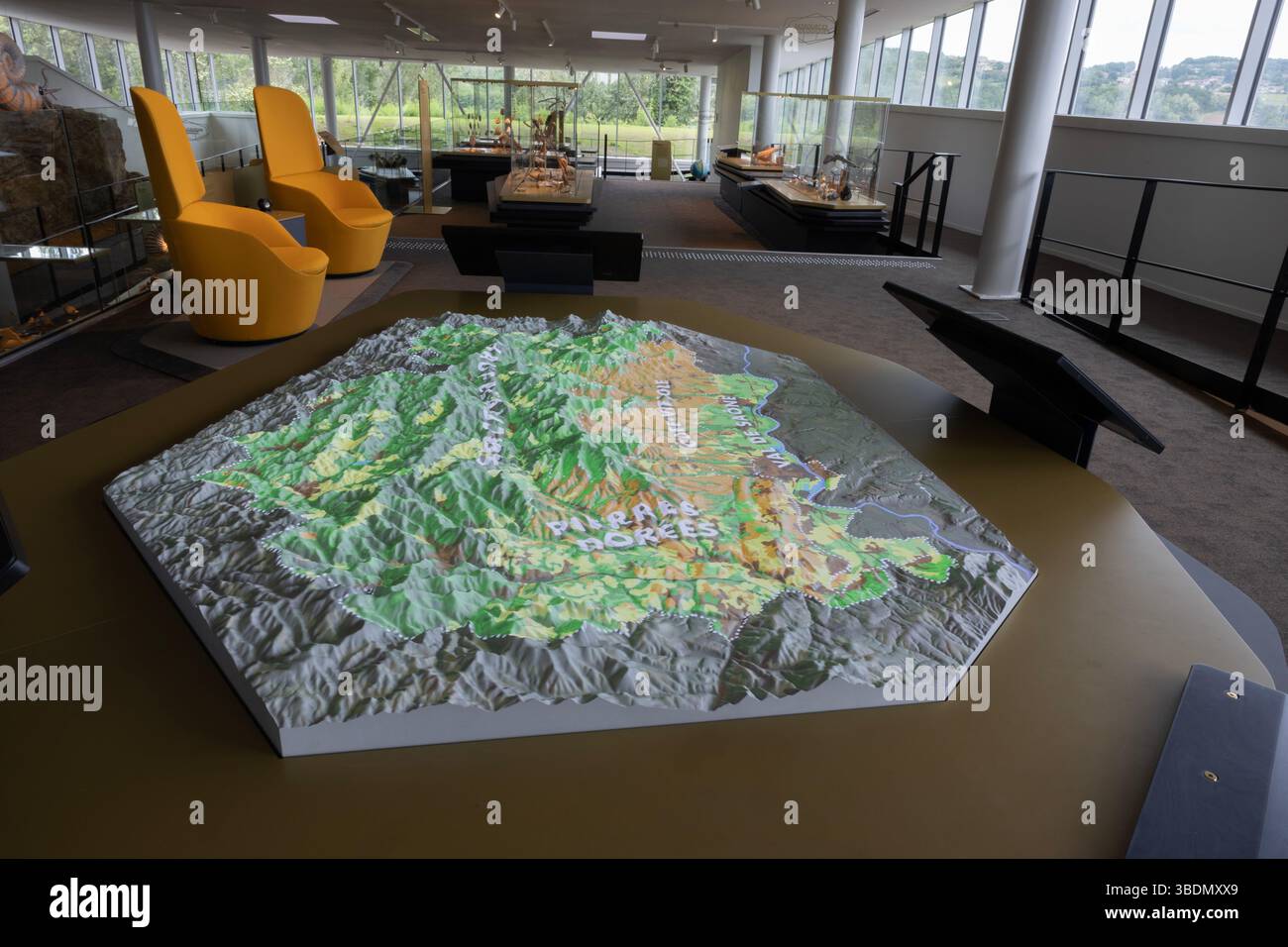 Una vista generale della galleria principale del più recente museo francese, il Fossilea nella regione del Beaujolais, con una mappa interattiva in primo piano. Foto Stock