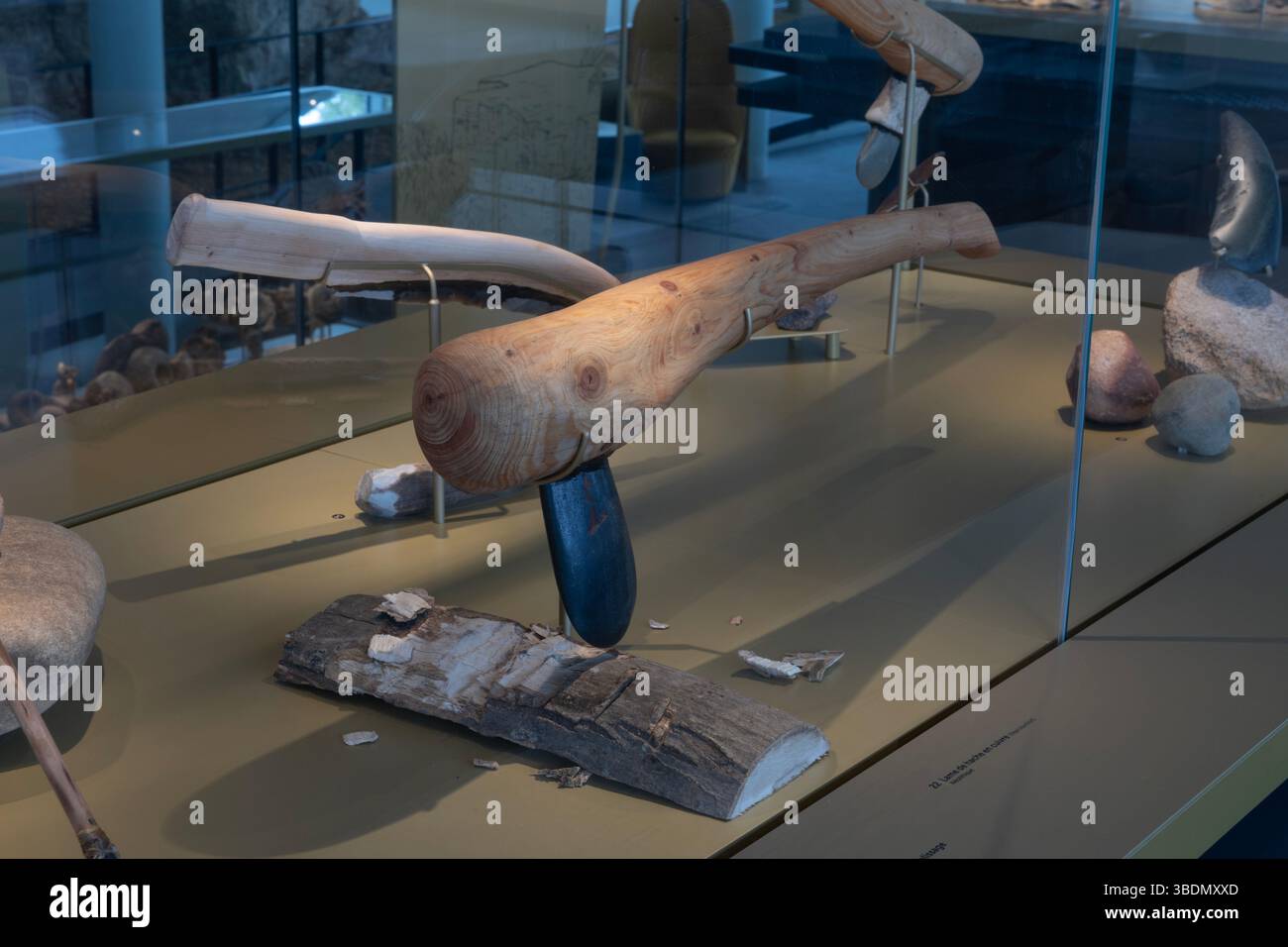 Nel nuovo museo Fossilea, nella regione francese del Beaujolais, le mostre spiegano come i primi umani hanno realizzato gli strumenti utilizzando le rocce e il legno disponibili. Foto Stock